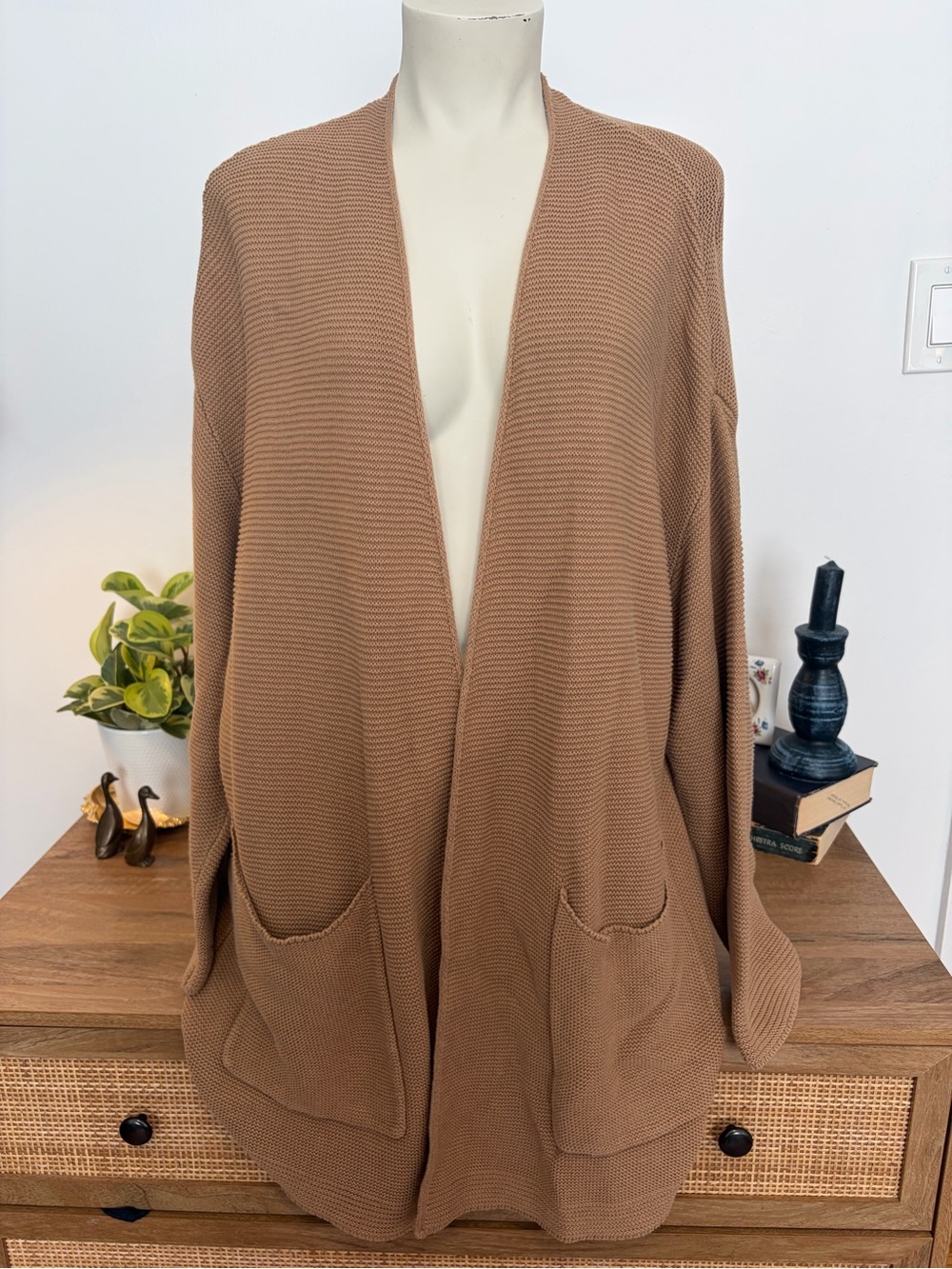 OAK + FORT Camel Brown Chunky 100% Cotton Open Front Cardigan Sweater S